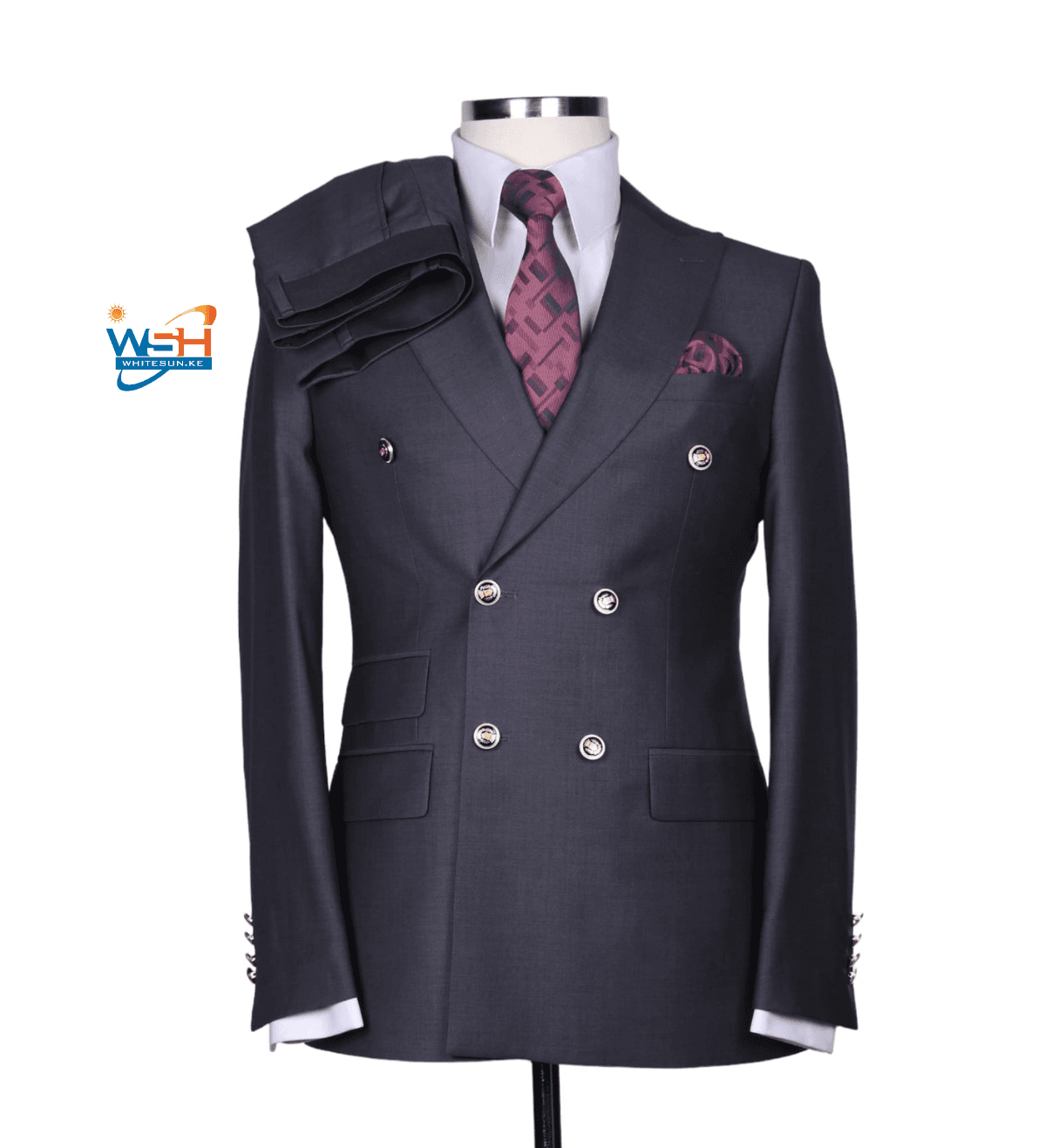 Designer Mens Double Breasted Gold Button Suit in Charcoal