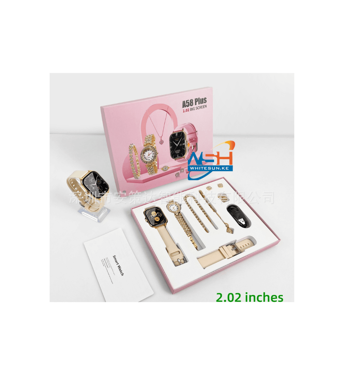 6 IN 1 Smart Watch A58 Plus with - Necklace -Earrings -Bracelet -Ring Luxury Gift Box For Women Thumbnail 2