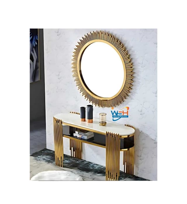 luxury-modern-console-table-with-matching-sunburst-mirror-gold-stainless-steel-white-marble-entryway-table-set
