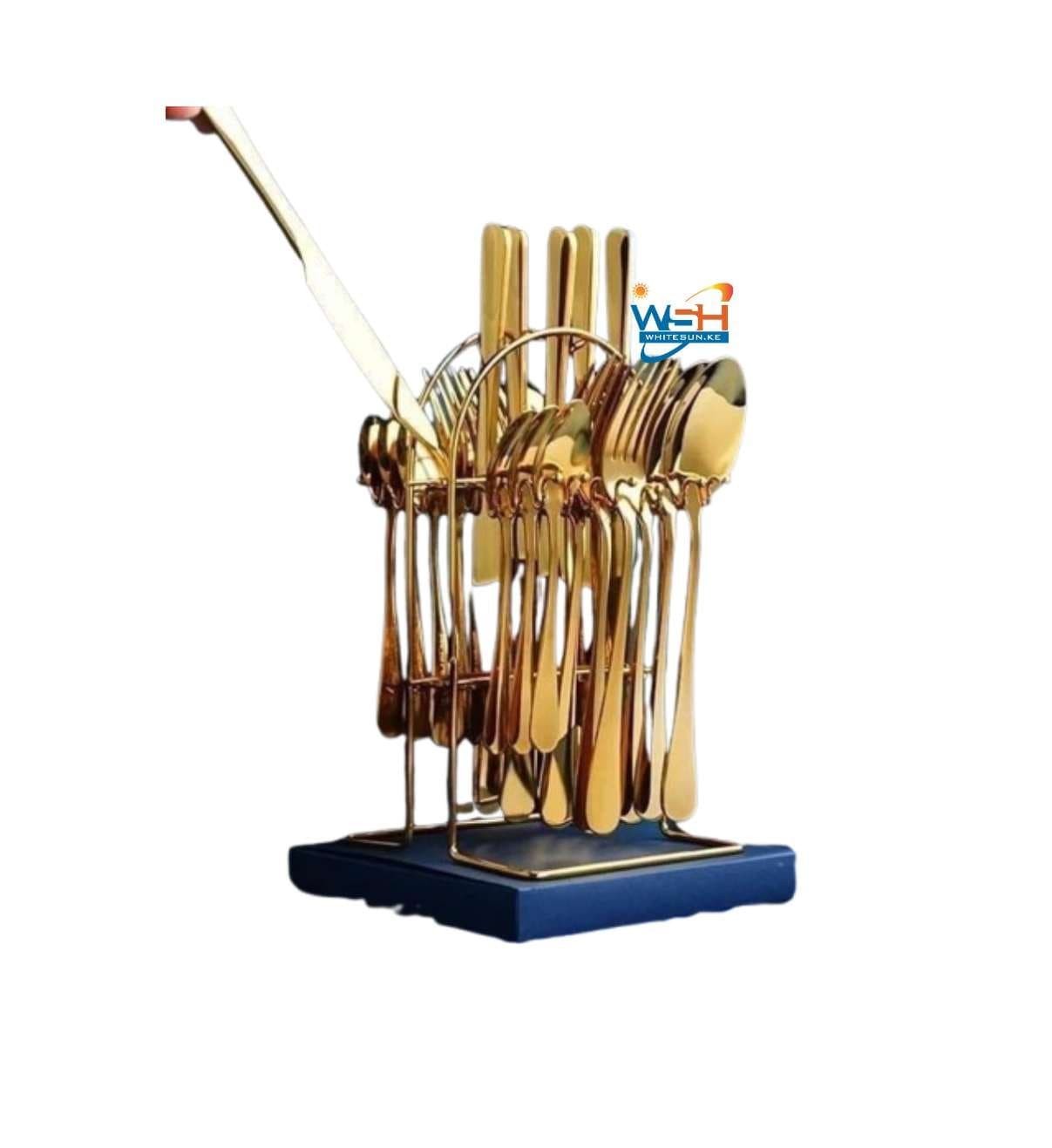 Luxury 24-Piece Gold Stainless Steel Cutlery Set with Stand – Elegant Flatware Set for Dining, Includes Spoons, Forks, Knives – Rust-Resistant, Dishwasher Safe