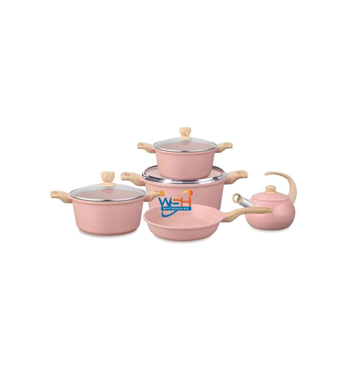 Elegant 5-Piece Non-Stick Cookware Set – Pink Pots and Pans with Wooden Handles & Glass Lids – Induction & Gas Stove Compatible – Durable Ceramic Coating – Includes Frying Pan, Casserole, Kettle