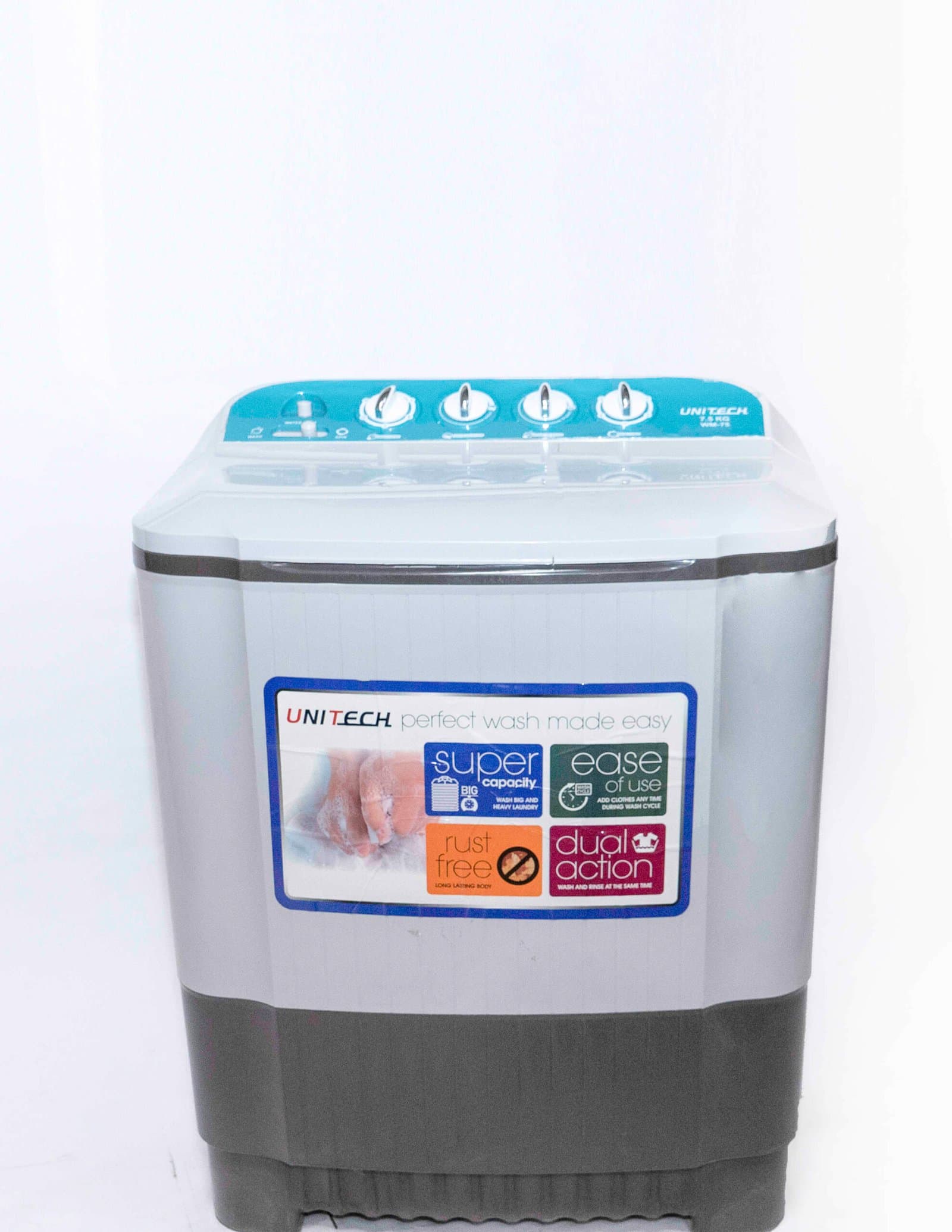 Whitesun UNITECH WM-75 7.5 kg Twin Tub Washing Machine – Semi-Automatic, Top-Load, 220 V/50 Hz, Transparent Lid, Water Selector, White