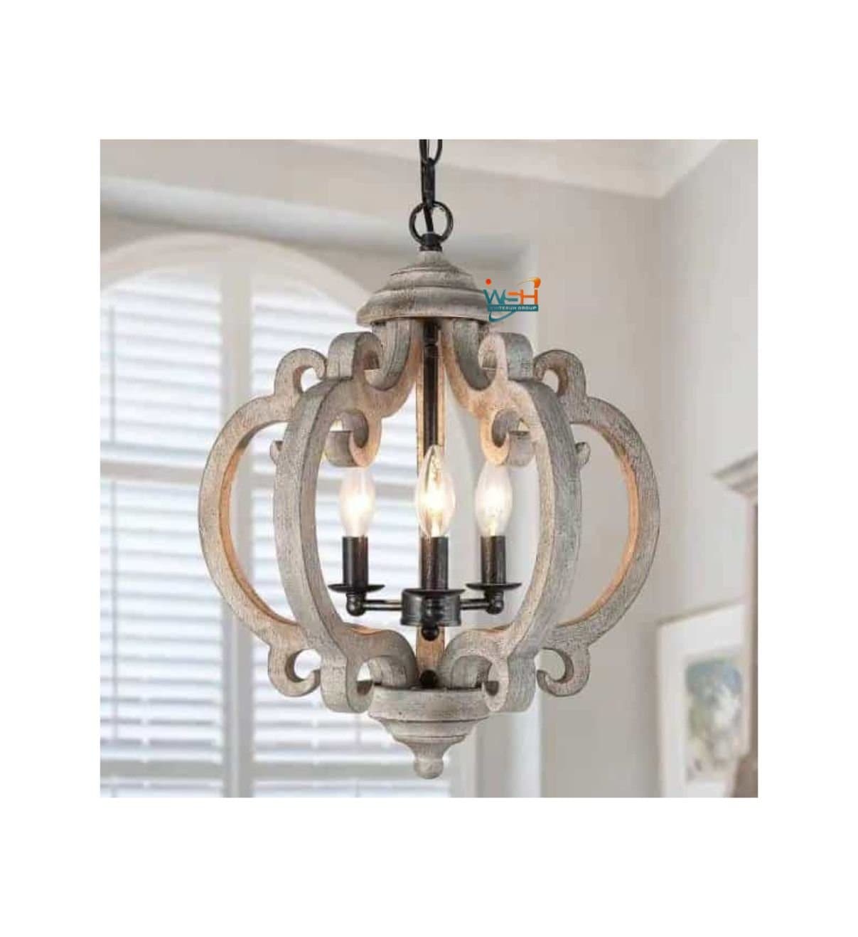 Wood Round Chandelier, Grey Globe Farmhouse Lantern Pendant Light 3-Light Black Candlestick Rustic Caged Chandelier
