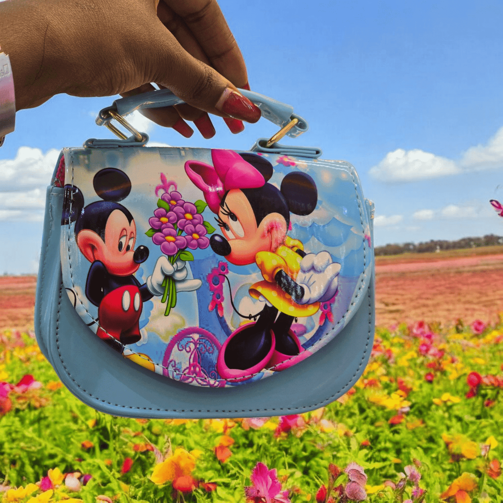 083# Whitesun Kids Handbag with Long Shoulder Strap – Waterproof Cartoon Birthday Gift for Girls 1–12 Years – Mickey Mouse light blue Handbag