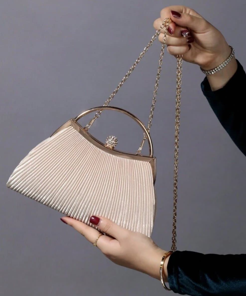 072# Whitesun Elegant Pleated Handbag for Women – Gold Frame Evening Purse with Chain Strap and Jeweled Clasp, Ideal Birthday or Anniversary Gift- Gold colour