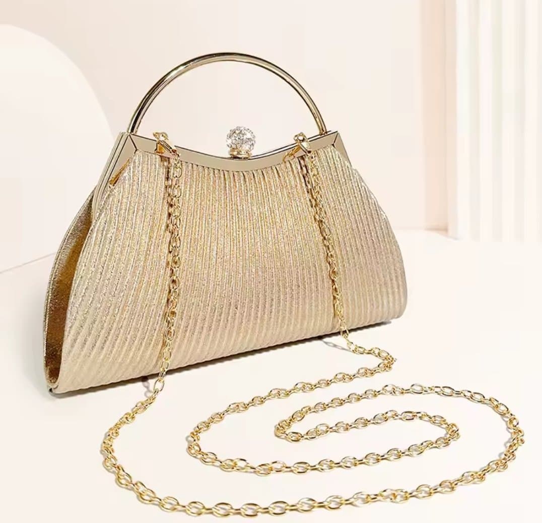072# Whitesun Elegant Pleated Handbag for Women – Gold Frame Evening Purse with Chain Strap and Jeweled Clasp, Ideal Birthday or Anniversary Gift- Gold colour Thumbnail 4