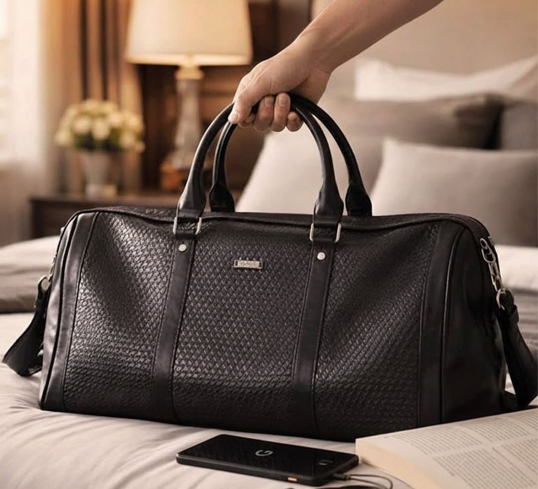 251# Whitesun Bullcaptain Black Leather Diamond‑Pattern Duffel Bag – Premium Travel Bag & Gym Bag Companion medium size