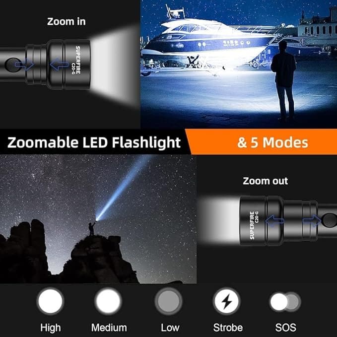 SuperFire C20 Hand-Torch LED Super Bright 3600 Lumens Family Torch Rechargeable IP46 Waterproof Flashlight with 4800 mAh Rechargeable Battery, 6 Modes (Regular) [Energy Class A+++] Thumbnail 6