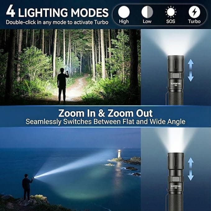 SuperFire 1000 Lumens Tactical Flashlight, Super Bright LED Rechargeable, Zoomable with Long Battery Life, 4 Light Modes Pocket Flashlight for Home, Mechanic, Camping, Emergency, Survival Thumbnail 3