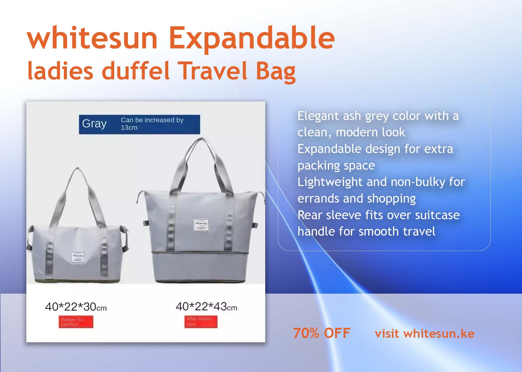 255#whitesun Expandable duffel Ladies grey travel duffel bag medium size gift for women Thumbnail 2