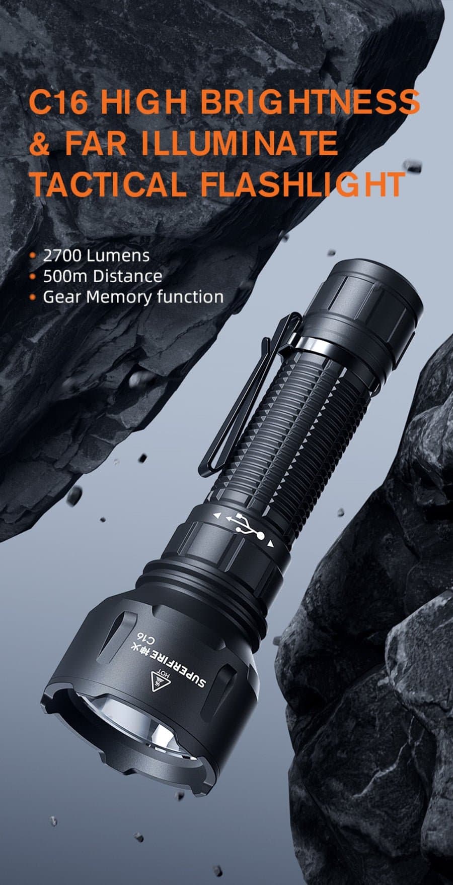 SUPERFIRE C16 Long-Range LED Flashlight | 2700LM, 500m Beam, Rechargeable Thumbnail 3