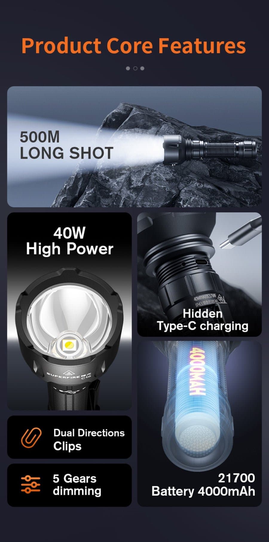 SUPERFIRE C16 Long-Range LED Flashlight | 2700LM, 500m Beam, Rechargeable Thumbnail 4