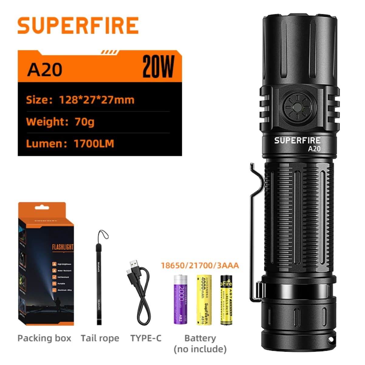 SUPERFIRE A20 Tactical Super Bright Flashlight Thumbnail 2