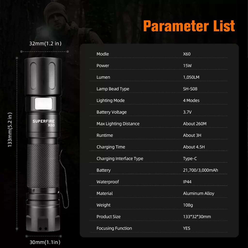 SUPERFIRE X60 15W Zoomable Powerful Flashlight Super Bright 1050 Lumens Cree XHP50 LED Pocket Torch Light Thumbnail 9