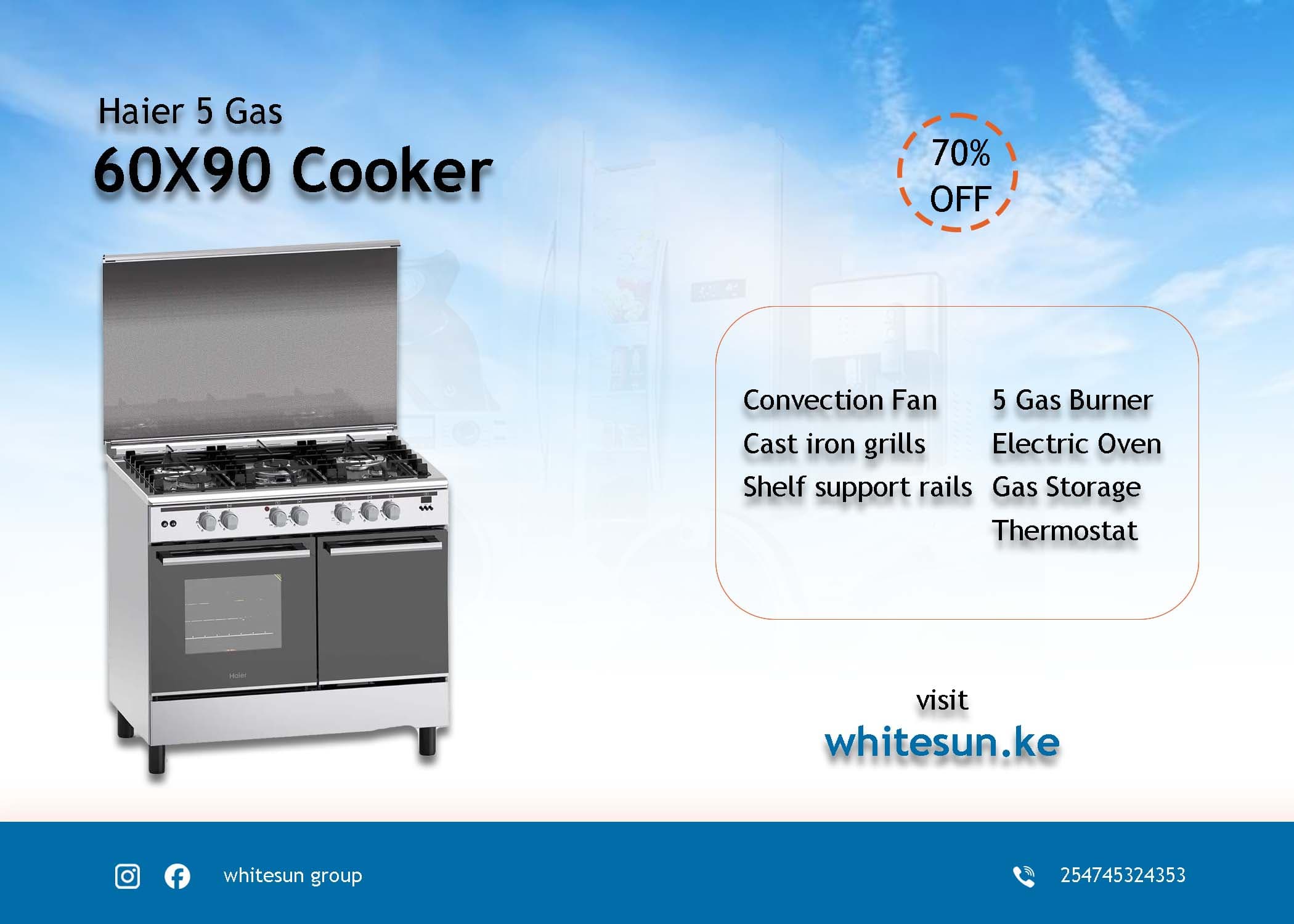 Haier 5 Gas 60X90 Cooker with Electric Oven - HCR6050DES Thumbnail 3