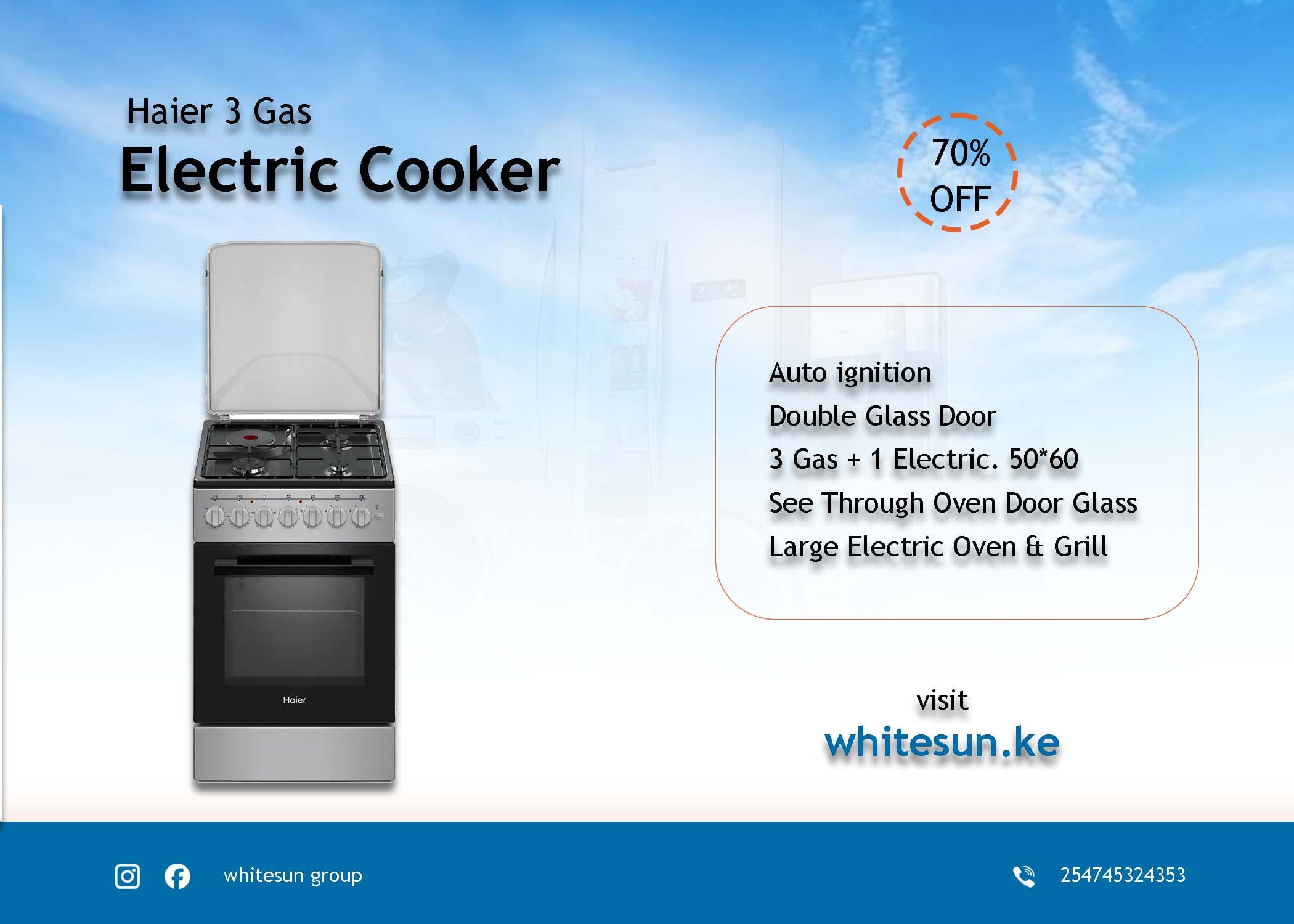 Haier 3Gas + 1Electric 50X60 Cooker with Electric Oven - ECR1031B Thumbnail 3