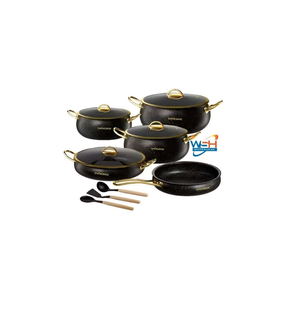 Luxury Black & Gold Nonstick Cookware Set – 11 Piece Granite-Coated Pots and Pans with Glass Lids, Heat-Resistant Gold Handles & Cooking Utensils – Scratch-Resistant, Durable, and Elegant