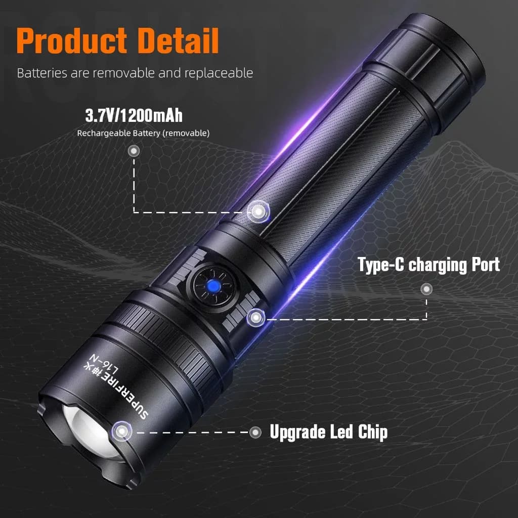 SUPERFIRE L16-N 7W High Power Led Flashlights Zoom Torch Strong Light Rechargeable 5 Modes Outdoor Camping Emergency For Fishing Thumbnail 4