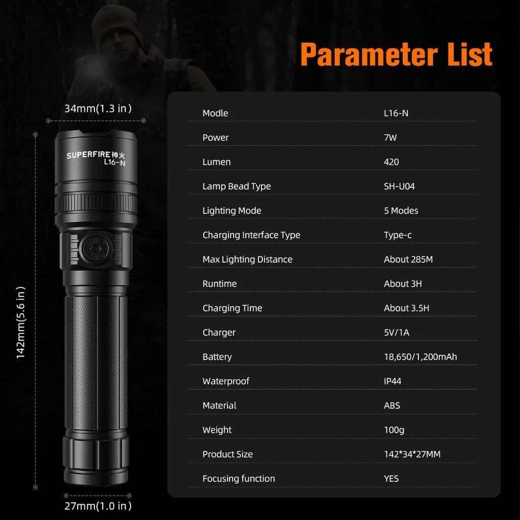 SUPERFIRE L16-N 7W High Power Led Flashlights Zoom Torch Strong Light Rechargeable 5 Modes Outdoor Camping Emergency For Fishing Thumbnail 9